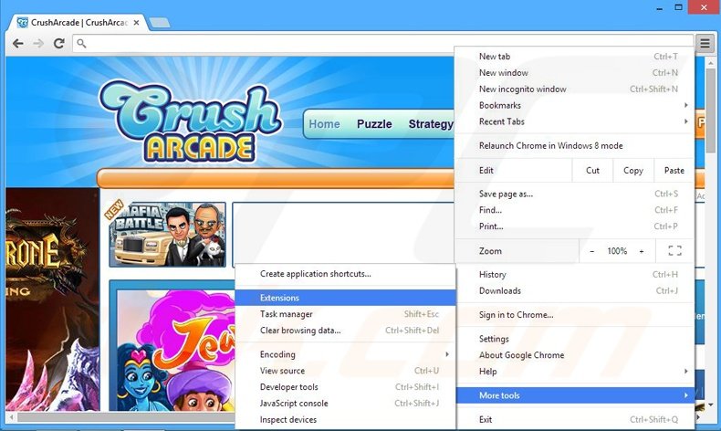 Verwijder de CrushArcade  advertenties uit Google Chrome stap 1