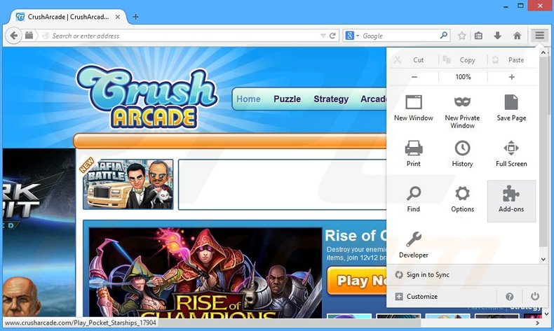 Verwijder de CrushArcade advertenties uit Mozilla Firefox stap 1