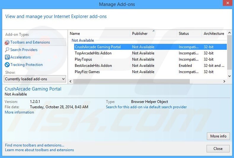 Verwijder de CrushArcade advertenties uit Internet Explorer stap 2