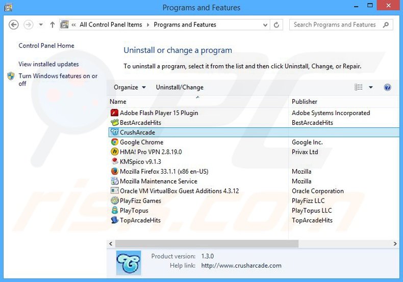 CrushArcade adware verwijdering via het Controle Paneel