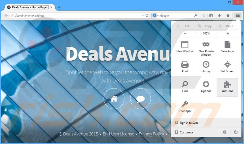 Verwijder de Deals Avenue advertenties uit Mozilla Firefox stap 1