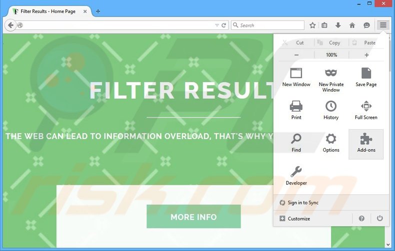 Verwijder de Filter Results advertenties uit Mozilla Firefox stap 1