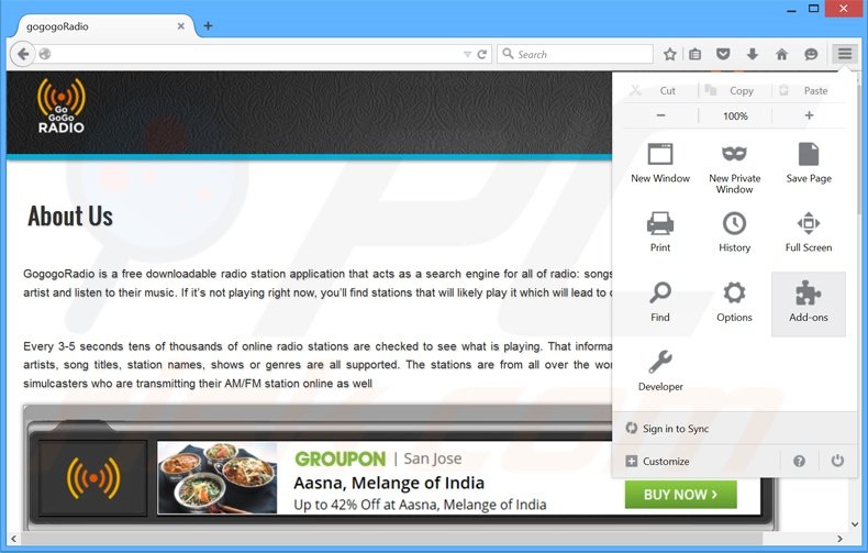 Verwijder de GoGoGoRadio advertenties uit Mozilla Firefox stap 1