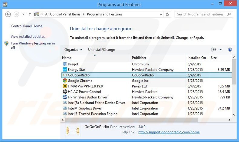GoGoGoRadio adware verwijdering via het Controle Paneel