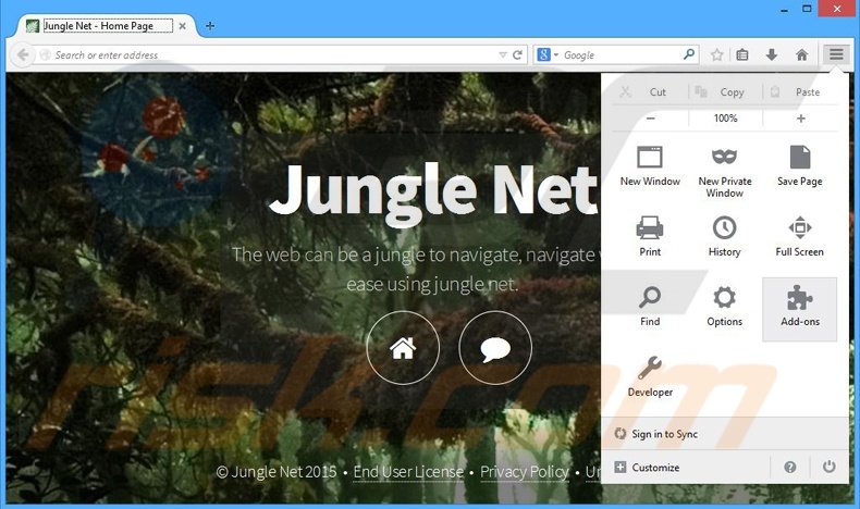 Verwijder de Jungle Net advertenties uit Mozilla Firefox stap 1