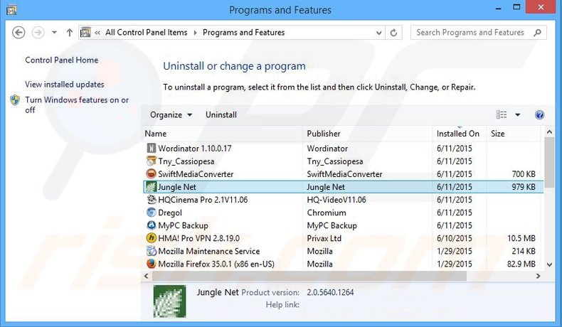 Jungle Net adware verwijdering via het Controle Paneel