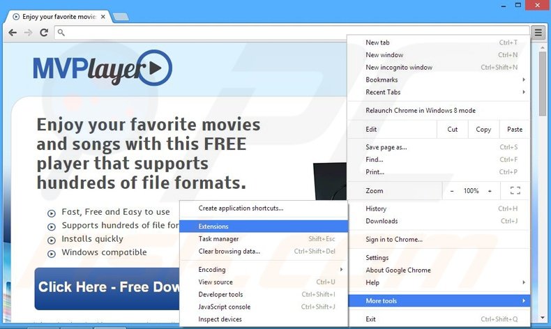 Verwijder de MVPlayer advertenties uit Google Chrome stap 1