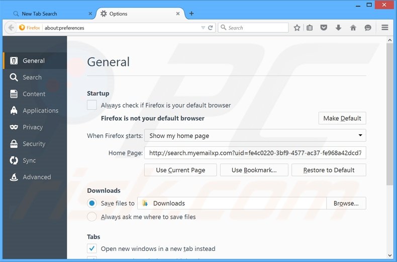 Verwijder search.myemailxp.com als startpagina in Mozilla Firefox