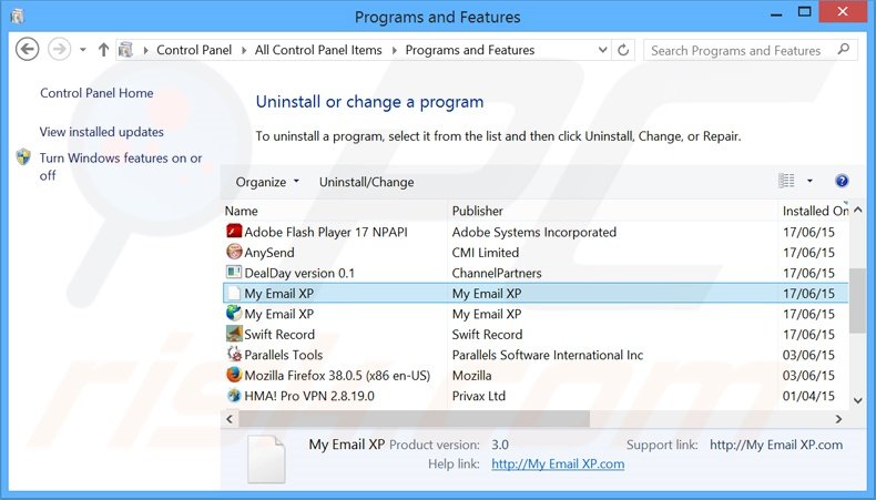search.myemailxp.com browser hijacker verwijdering via het Controle Panel