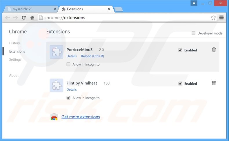 Verwijder aan mysearch123.com gerelateerde Google Chrome extensies