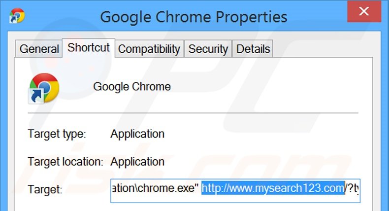 Verwijder mysearch123.com als doel van de Google Chrome snelkoppeling stap 2