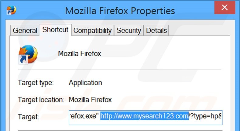 Verwijder mysearch123.com als doel van de Mozilla Firefox snelkoppeling stap 2