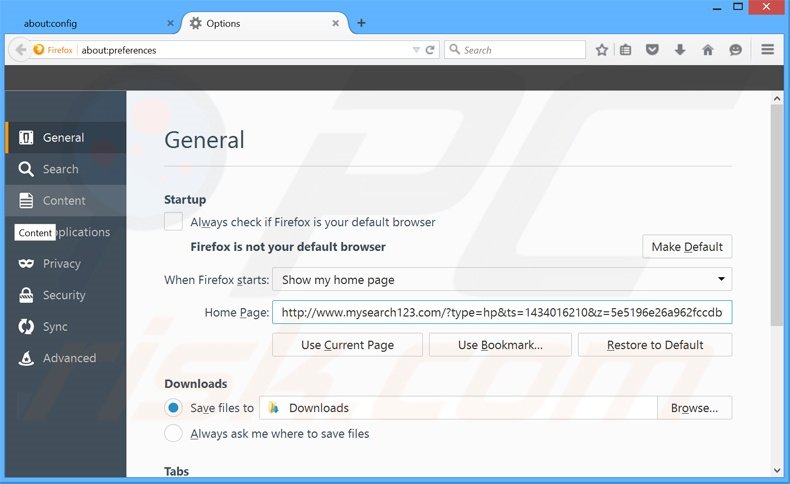 Verwijder mysearch123.com als startpagina in Mozilla Firefox