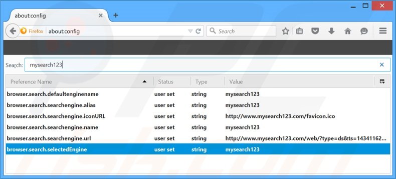Verwijder mysearch123.com als standaard zoekmachine in Mozilla Firefox