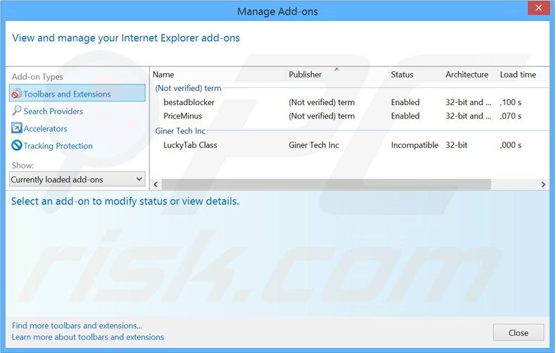 Verwijder aan mysearch123.com gerelateerde Internet Explorer extensies