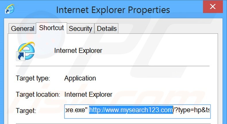 Verwijder mysearch123.com als doel van de Internet Explorer snelkoppeling stap 2