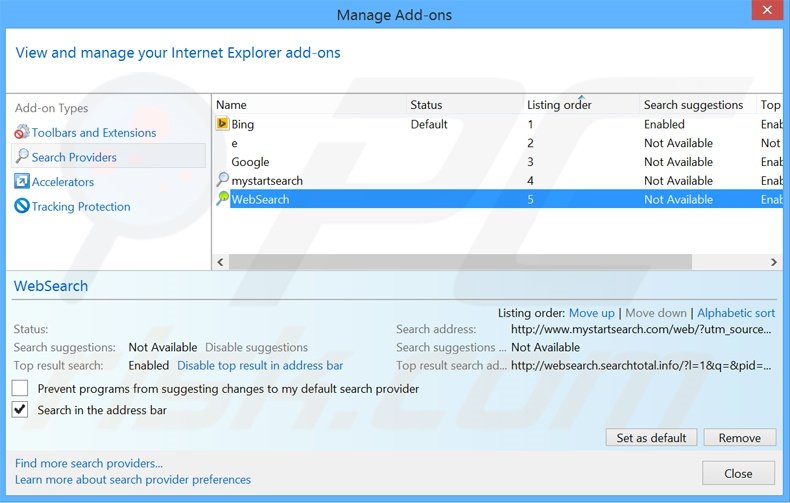 Verwijder mysearch123.com als standaard zoekmachine in Internet Explorer