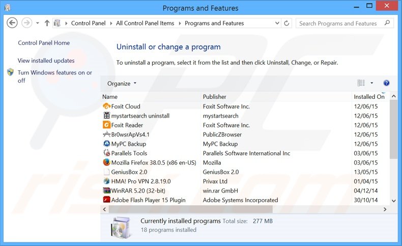 mysearch123.com browser hijacker verwijdering via het Controle Paneel
