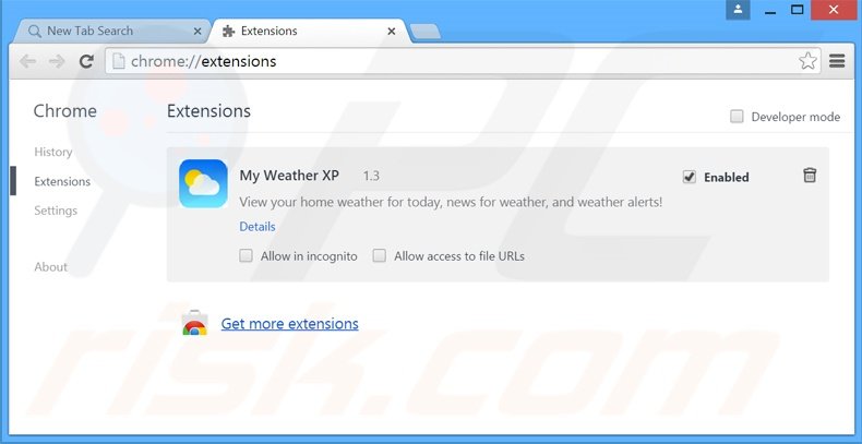 Verwijder search.myweatherxp.com gerelateerde Google Chrome extensies 