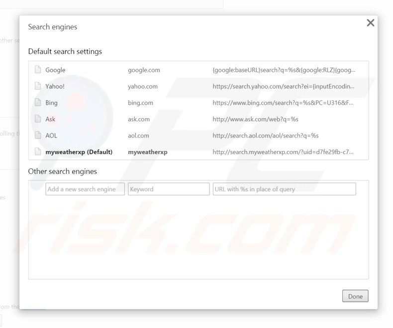 Verwijder de search.myweatherxp.com als standaard zoekmachine in Google Chrome