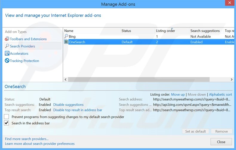 Verwijder search.myweatherxp.com als standaard zoekmachine in Internet Explorer