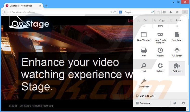 Verwijder de On Stage advertenties uit Mozilla Firefox stap 1