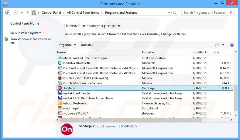 On Stage adware verwijdering via het Controle Paneel