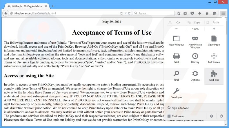 Verwijder de PrintOnKey advertenties uit Mozilla Firefox stap 1