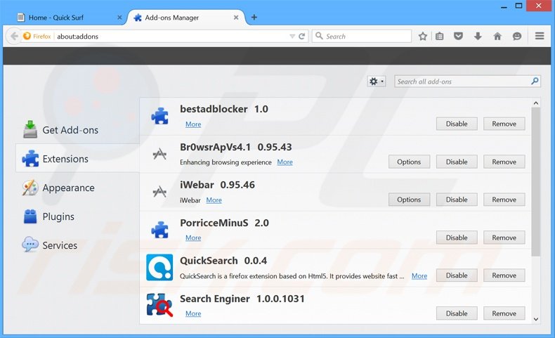 Verwijder de Quick Surf advertenties uit Mozilla Firefox stap 2