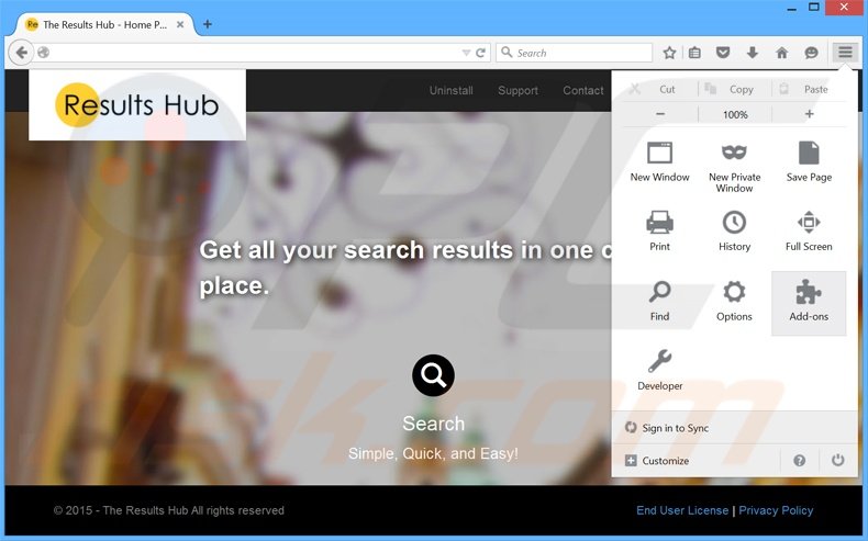 Verwijder The Results Hub advertenties uit Mozilla Firefox stap 1