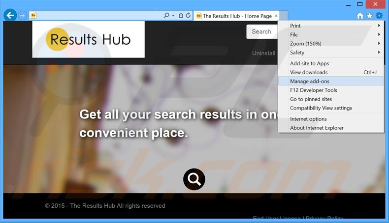 Verwijder The Results Hub advertenties uit Internet Explorer stap 1