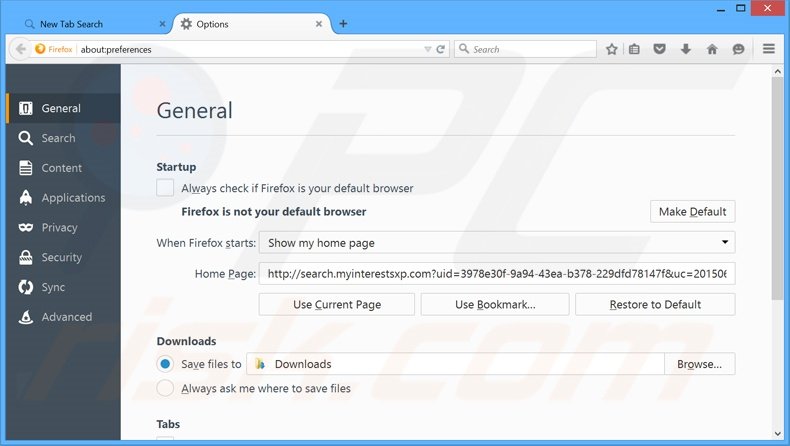Verwijder search.myinterestsxp.com als startpagina in Mozilla Firefox