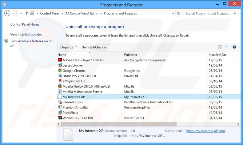 search.myinterestsxp.com browser hijacker verwijdering via het Controle Paneel
