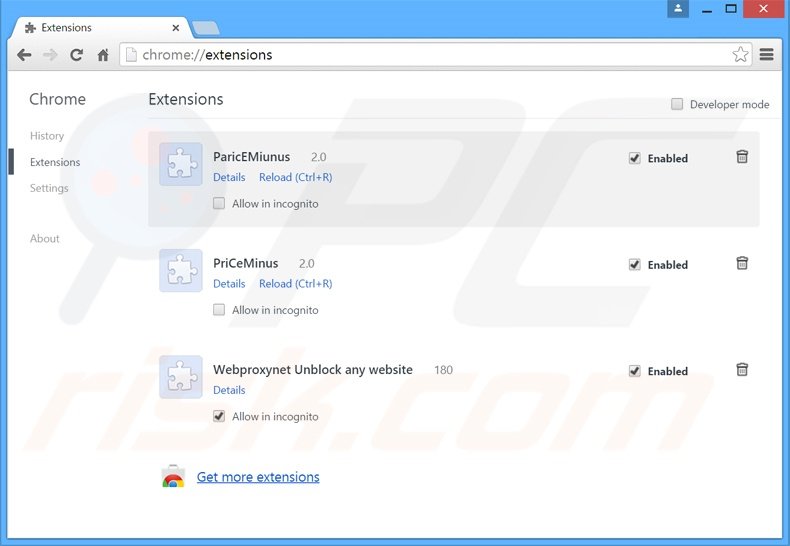 Verwijder aan searchzillions.com gerelateerde Google Chrome extensies
