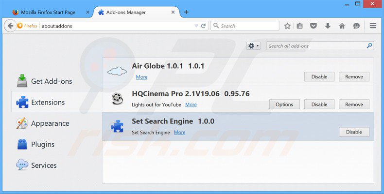 Verwijder aan serfsearch.com gerelateerde Mozilla Firefox extensies