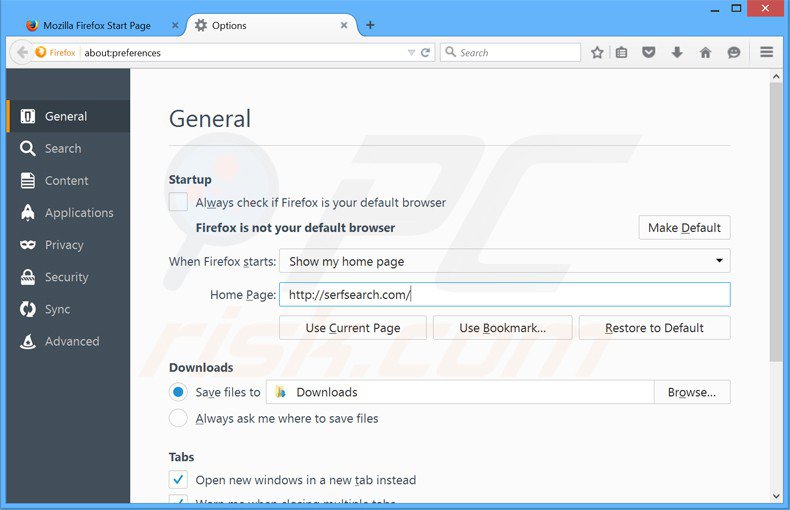 Verwijder serfsearch.com als startpagina in Mozilla Firefox