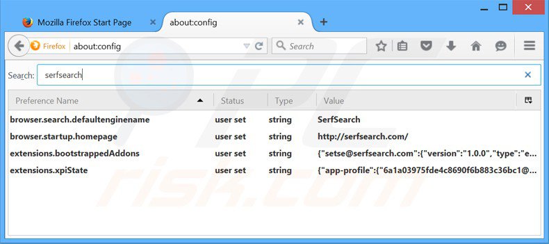 Verwijder serfsearch.com als standaard zoekmachine in Mozilla Firefox