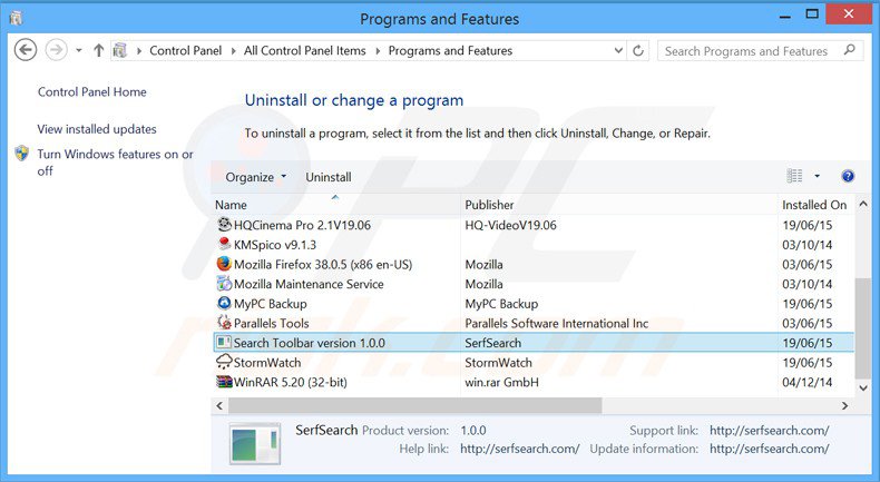 serfsearch.com browser hijacker verwijdering via het Controle Paneel