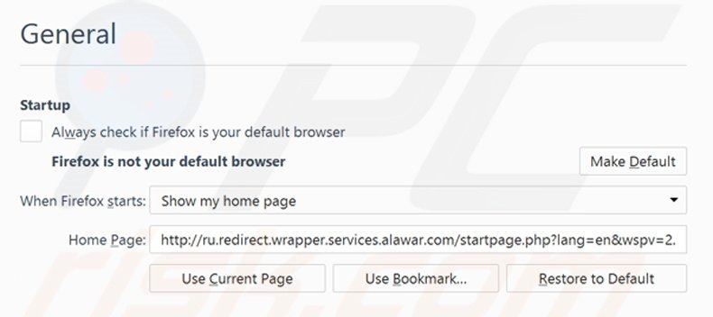 Verwijder start.alawar.com als startpagina in Mozilla Firefox