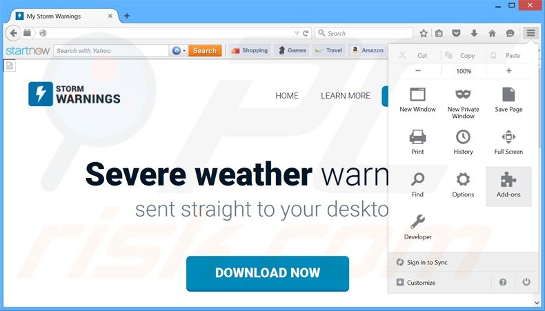 Verwijder de Storm Warnings advertenties uit Mozilla Firefox stap 1
