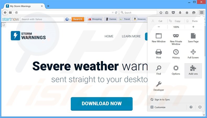 Verwijder de Storm Warnings advertenties uit Mozilla Firefox stap 1