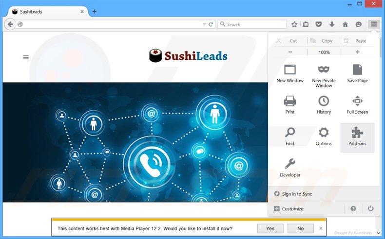 Verwijder de SushiLeads advertenties uit Mozilla Firefox stap 1