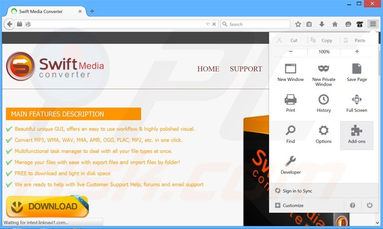 Verwijder de Swift Media Converter advertenties uit Mozilla Firefox stap 1