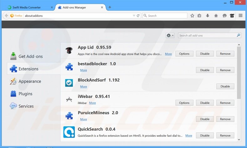 Verwijder de Swift Media Converter advertenties uit Mozilla Firefox stap 2