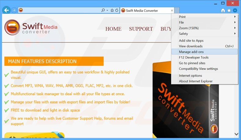 Verwijder de Swift Media Converter advertenties uit Internet Explorer stap 1