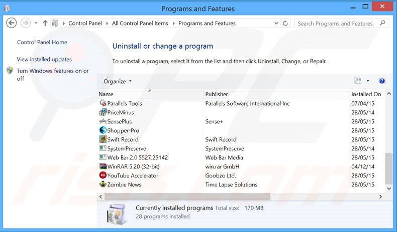 Swift Media Converter adware uninstall via Control Panel