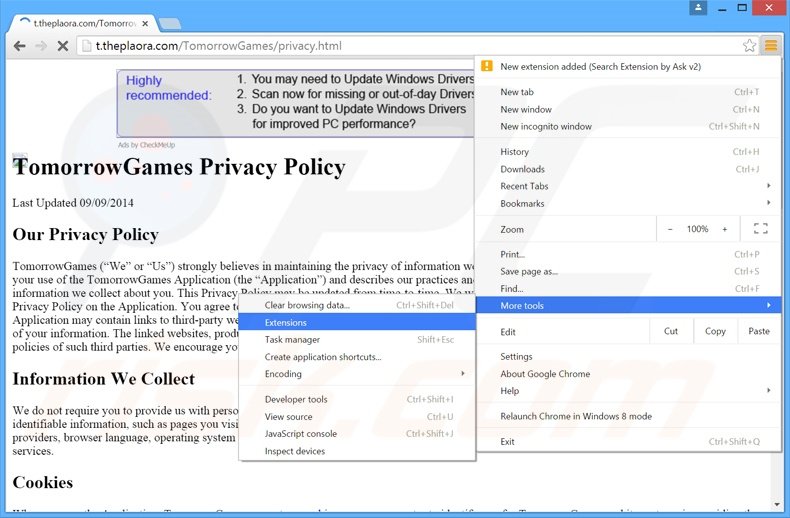 Verwijder de TomorrowGames advertenties uit Google Chrome stap 1