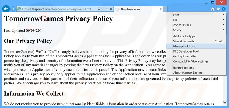 Verwijder de TomorrowGames advertenties uit Internet Explorer stap 1
