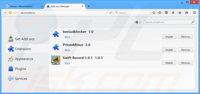Verwijder de WordAnchor advertenties uit Mozilla Firefox stap 2