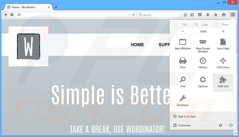 Verwijder de Wordinator advertenties uit Mozilla Firefox stap 1